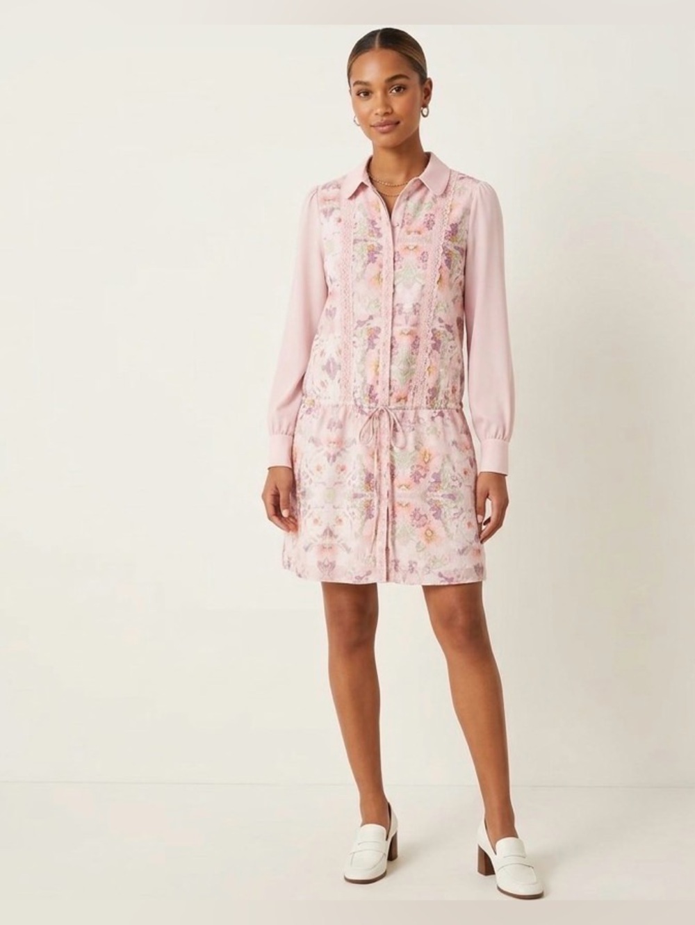 Chuge Floral Cinch Waist Long Sleeve Lightweight Pink Collar Baby Doll Dress szM